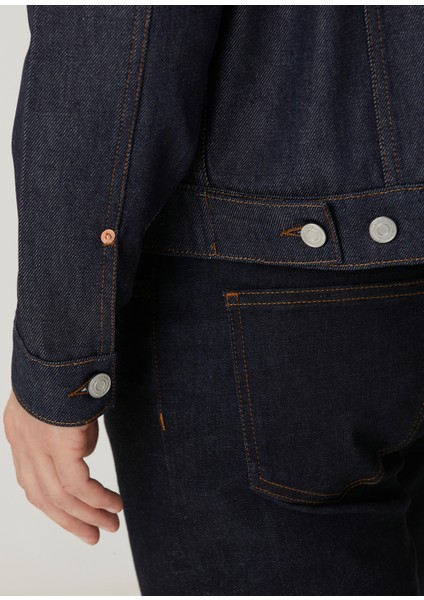 Koyu Lacivert Kontrast Dikişli Denim Ceket