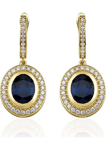 Oval Safir Pırlanta 18 Ayar Kadın Altın Küpe