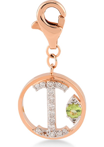Mini “i” Harfli Charm Pırlanta Yeşil Peridot Taşlı 14 Ayar Pembe Altın