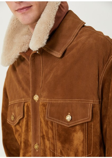 Kahverengi Shearling Detaylı Deri Mont