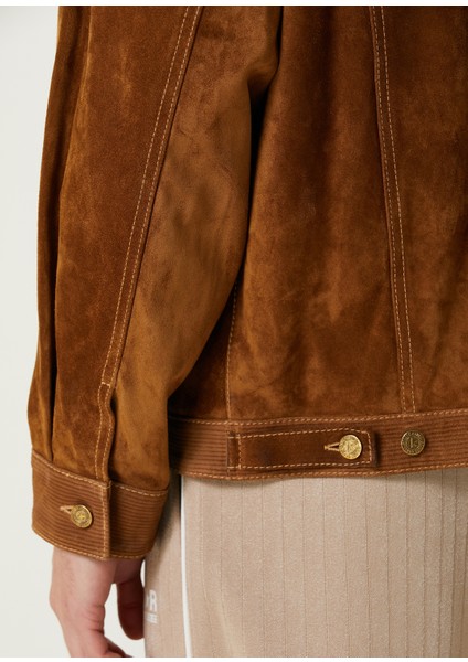 Kahverengi Shearling Detaylı Deri Mont