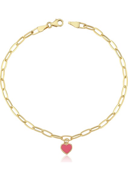 Pembe Mineli Kalp Charm 14 Ayar Altın Kadın Bileklik
