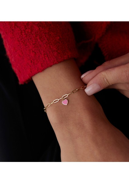 Pembe Mineli Kalp Charm 14 Ayar Altın Kadın Bileklik