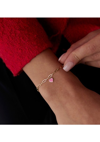 Pembe Mineli Kalp Charm 14 Ayar Altın Kadın Bileklik