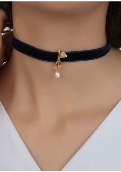 Isabella Barok Inci Taşlı 24 Ayar Altın Kaplama Kadife Choker