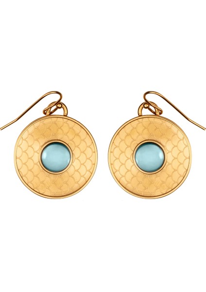 Salamander Cabochon Aquamarine Gold 18 Ayar Altın Kaplama Kadın Küpe