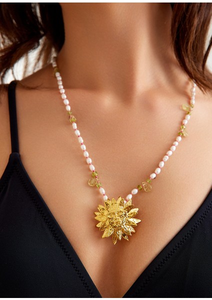 Apollo Pearl Peridot 22 Ayar Altın Kaplama Kadın Kolye