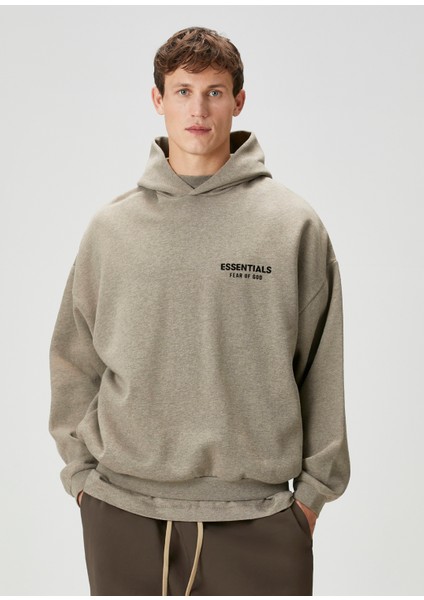 Gri Kapüşonlu Logo Baskılı Sweatshirt