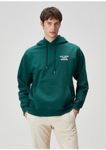 Koyu Yeşil Kapüşonlu Logolu Sweatshirt