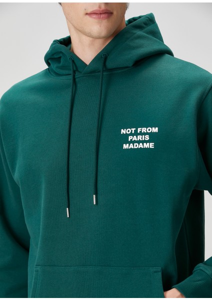 Koyu Yeşil Kapüşonlu Logolu Sweatshirt