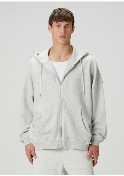 Açık Gri Kapüşonlu Logo Baskılı Sweatshirt