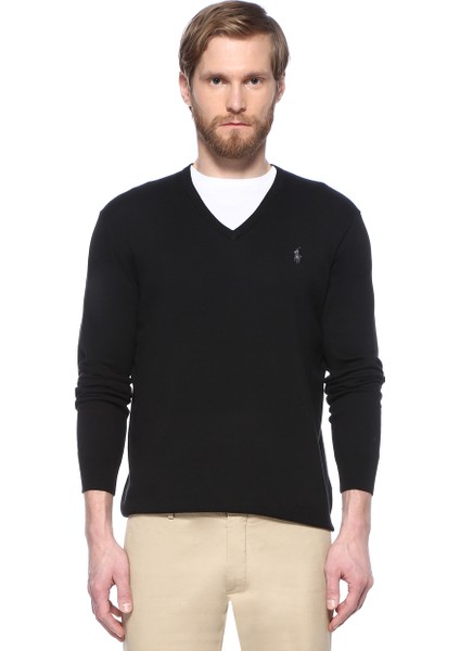 Slim Fit Siyah Polo Yaka Logo Nakışlı Kazak