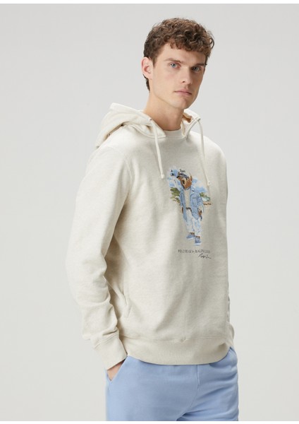 Kırık Beyaz Kapüşonlu Logo Baskılı Sweatshirt
