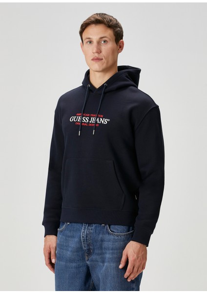 Lacivert Kapüşonlu Logo Nakışlı Sweatshirt