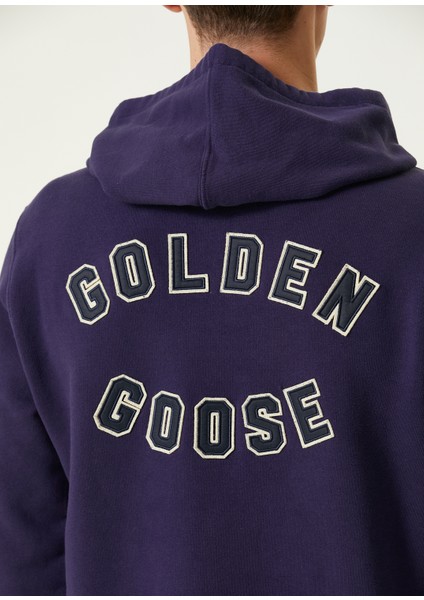 Lacivert Beyaz Kapüşonlu Logo Nakışlı Sweatshirt