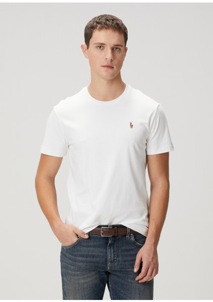 Beyaz Logo Nakışlı Basic T-Shirt
