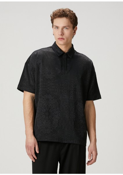 Siyah Polo Yaka Etnik Desenli T-Shirt