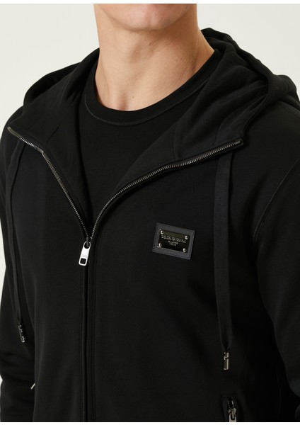 Siyah Kapüşonlu Fermuarlı Sweatshirt