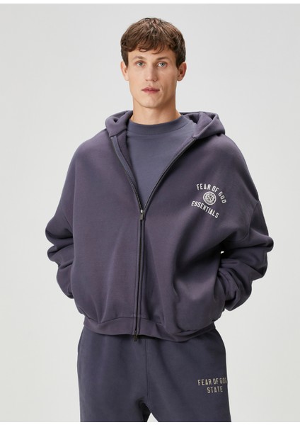 Lacivert Kapüşonlu Logo Baskılı Sweatshirt