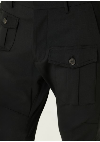 Siyah Cep Detaylı Yün Pantolon
