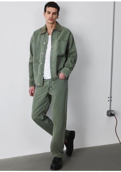 Haki Yakası Kadife Garnili Denim Ceket