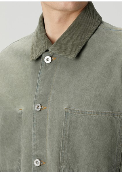 Haki Yakası Kadife Garnili Denim Ceket
