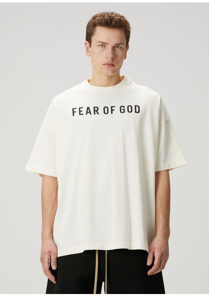Krem Logo Baskılı T-Shirt