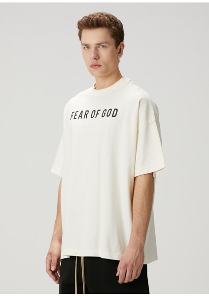 Krem Logo Baskılı T-Shirt modelleri