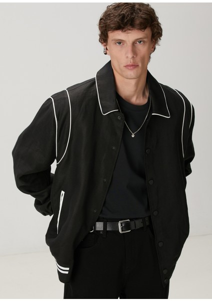 Siyah Keten Bomber Mont