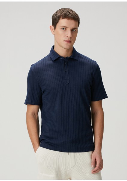 Lacivert Polo Yaka Keten T-Shirt