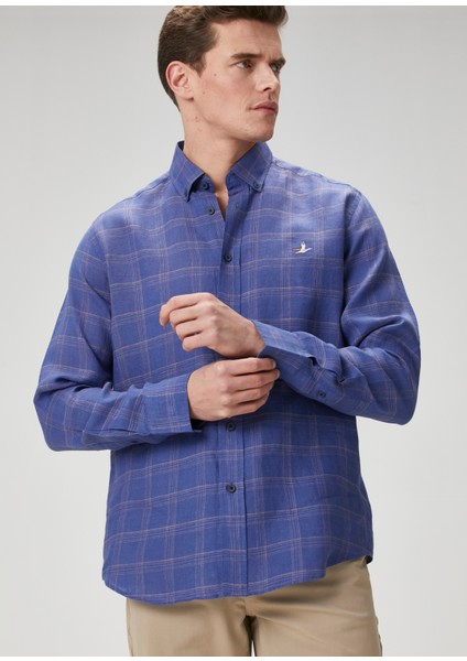 Comfort Fit Lacivert Ekose Desenli Keten Gömlek
