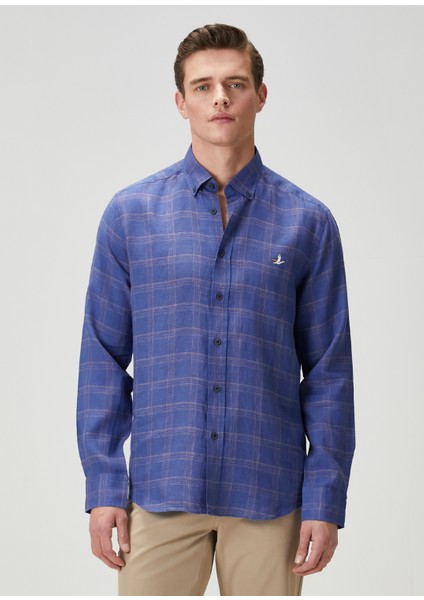 Comfort Fit Lacivert Ekose Desenli Keten Gömlek