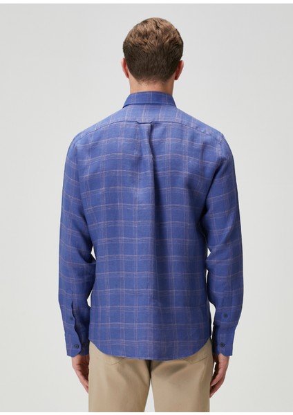 Comfort Fit Lacivert Ekose Desenli Keten Gömlek