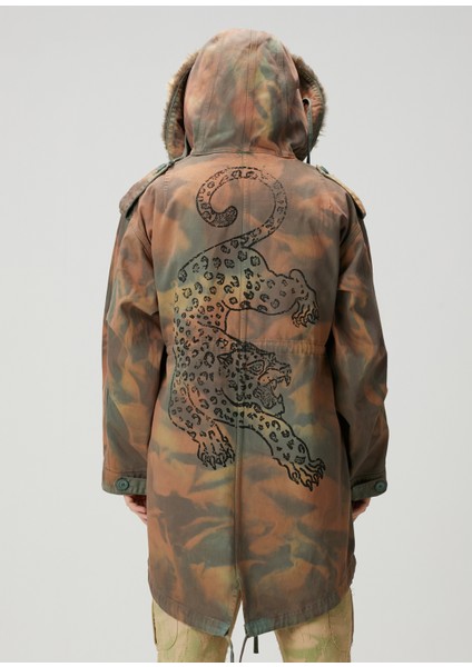 Haki Kapüşonlu Kamuflaj Desenli Parka