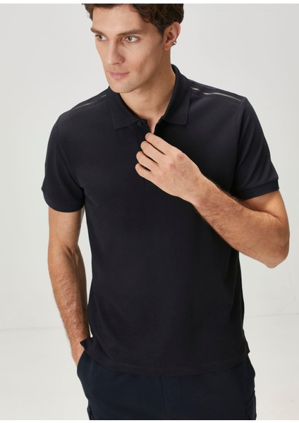 Lacivert Polo Yaka Şerit Baskılı T-Shirt