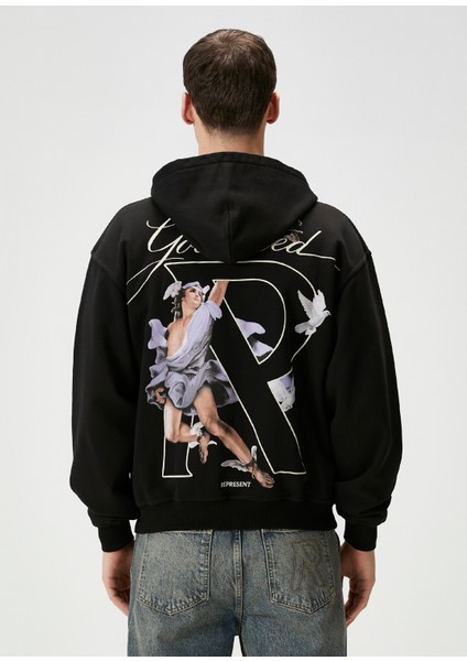 Siyah Kapüşonlu Figür Baskılı Sweatshirt
