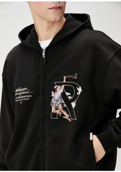 Siyah Kapüşonlu Figür Baskılı Sweatshirt