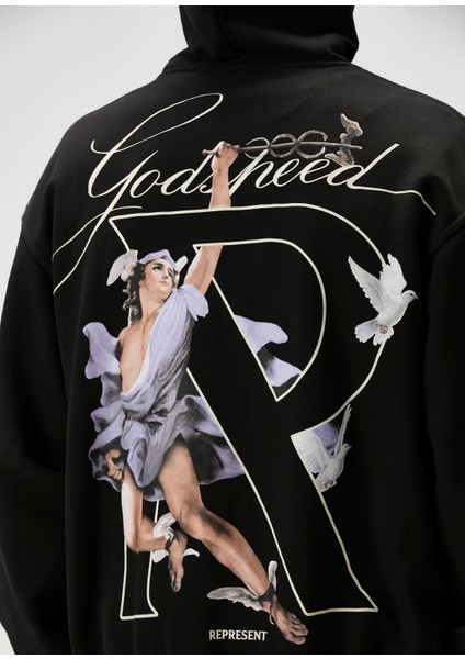 Siyah Kapüşonlu Figür Baskılı Sweatshirt