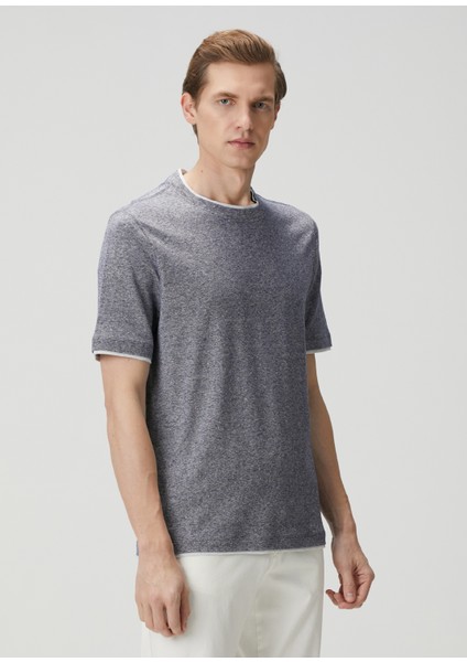 Koyu Mavi Kısa Kollu Keten T-Shirt modelleri