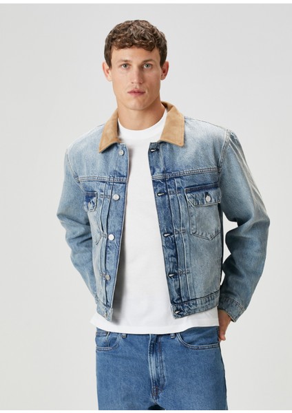 Mavi Yakası Garnili Denim Mont