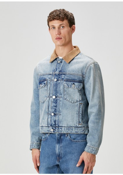Mavi Yakası Garnili Denim Mont fırsatları