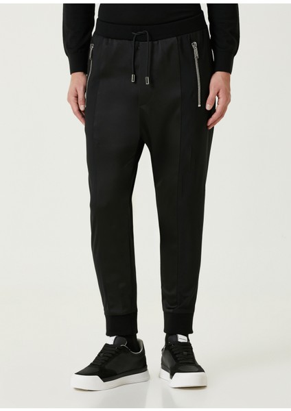Siyah Beli Kordonlu Yün Jogger Pantolon