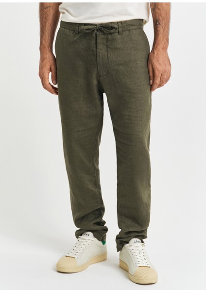 Yeşil Keten Relaxed Fit Erkek Pantolon