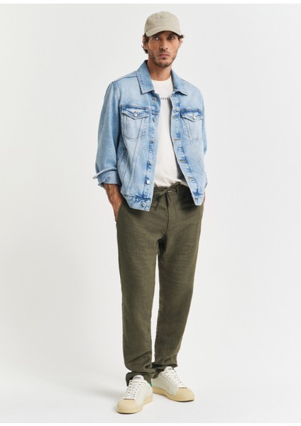 Yeşil Keten Relaxed Fit Erkek Pantolon