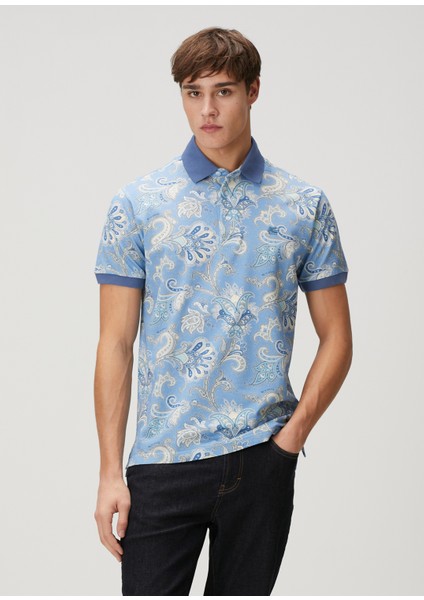 Açık Mavi Polo Yaka Etnik Desenli T-Shirt