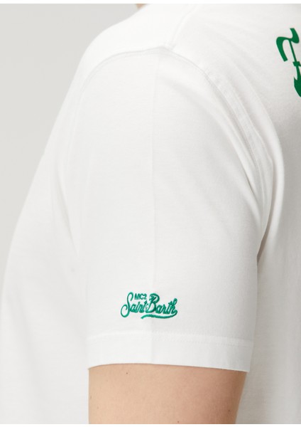 Beyaz Yeşil Logo Detaylı T-Shirt