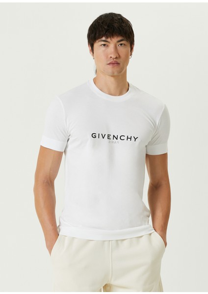 Slim Fit Beyaz Logo Baskılı T-Shirt