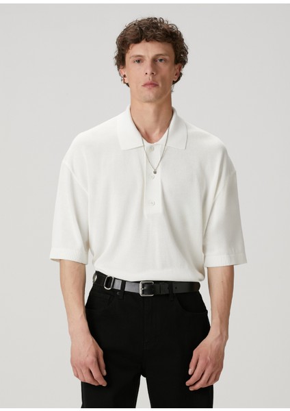 Beyaz Polo Yaka Kısa Kollu Oversized Triko