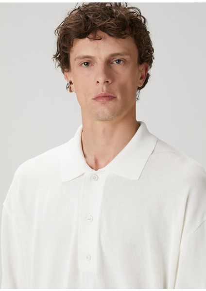 Beyaz Polo Yaka Kısa Kollu Oversized Triko