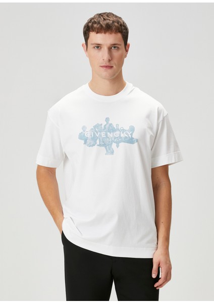 Beyaz Mavi Baskılı T-Shirt